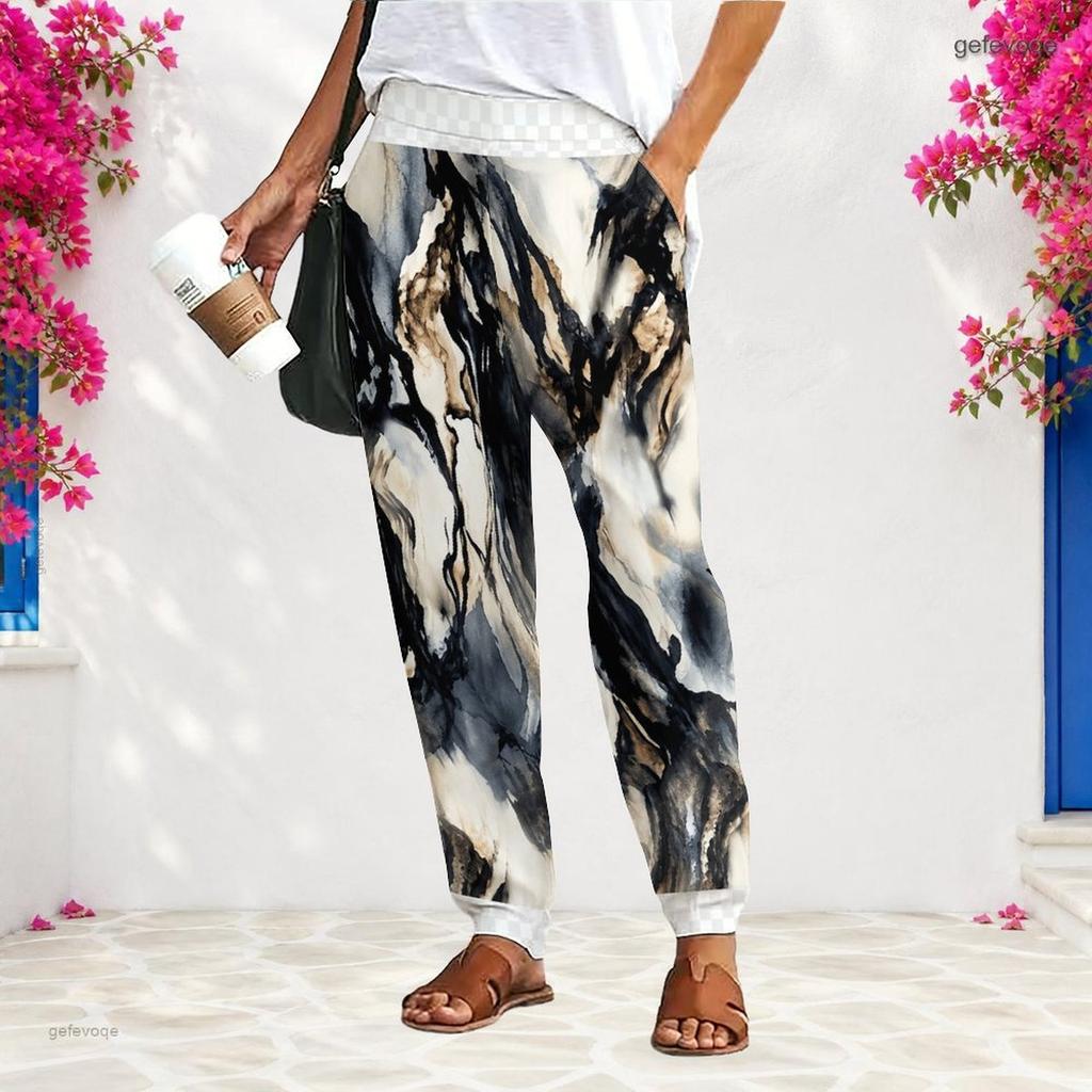 Women Plus Size Loose Straight Long Pants Blue White Printed With Pockets