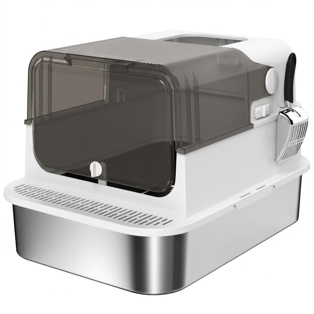 Stainless Steel Cat Litter Box with Lid XXL 72L for Large Cats and Multiple Cats with Double Doors, Scoop, Pedal, Anti-Leak