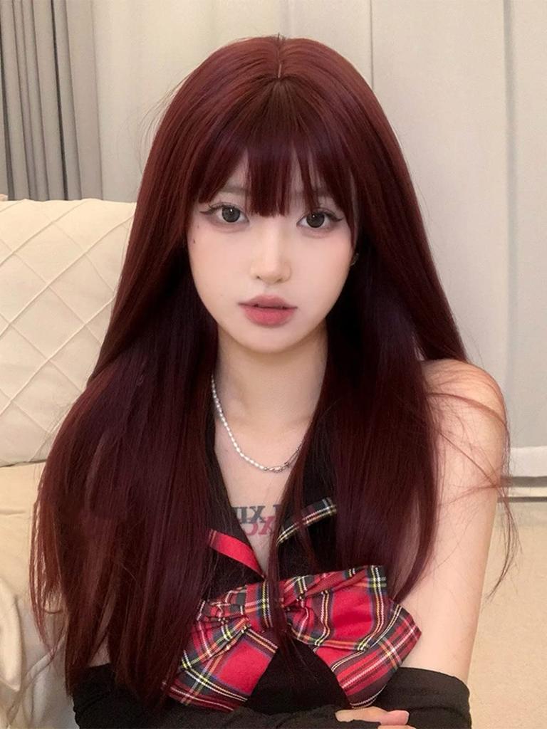Eileen Cute Wine Red Medium Long Full Harajuku Small Face Comes with Net Wig, Wig, Women's Wig, Straight, Natural, Style, Popular, Effect,