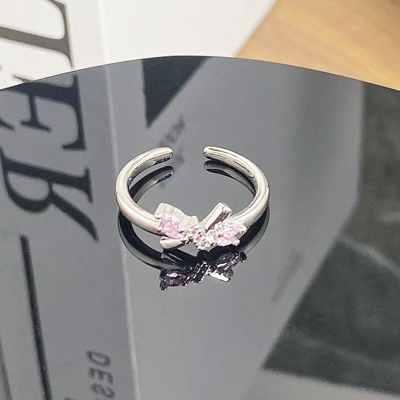 Sweet Pink Zircon Super Fairy Open Ring Bow Exquisite Niche Light Luxury High-End Ring Woman