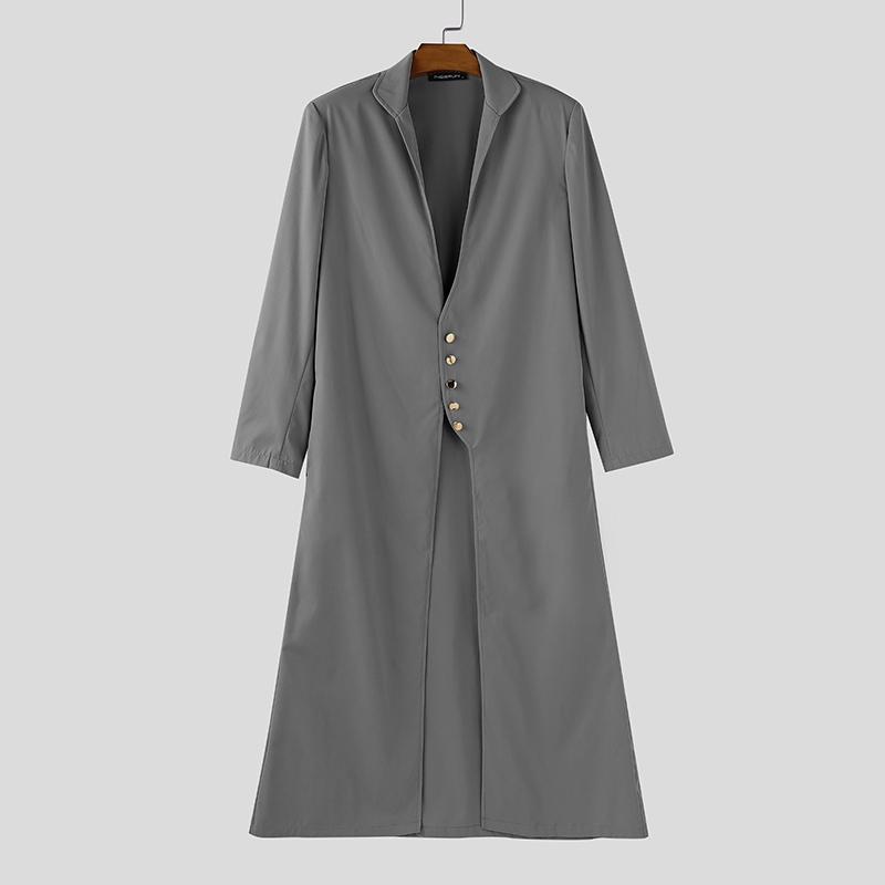 INCERUN Men Turn-down Collar Long Sleeve Button High Splits Long Cardigan Tunic Tops