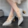 Autumn Not Tired Feet Mary Jane Shoes Chinese Pointed Toe Pearl Bow Temperament High Heeled Single Shoes