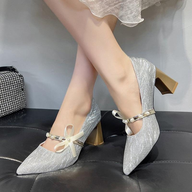 Autumn Not Tired Feet Mary Jane Shoes Chinese Pointed Toe Pearl Bow Temperament High Heeled Single Shoes