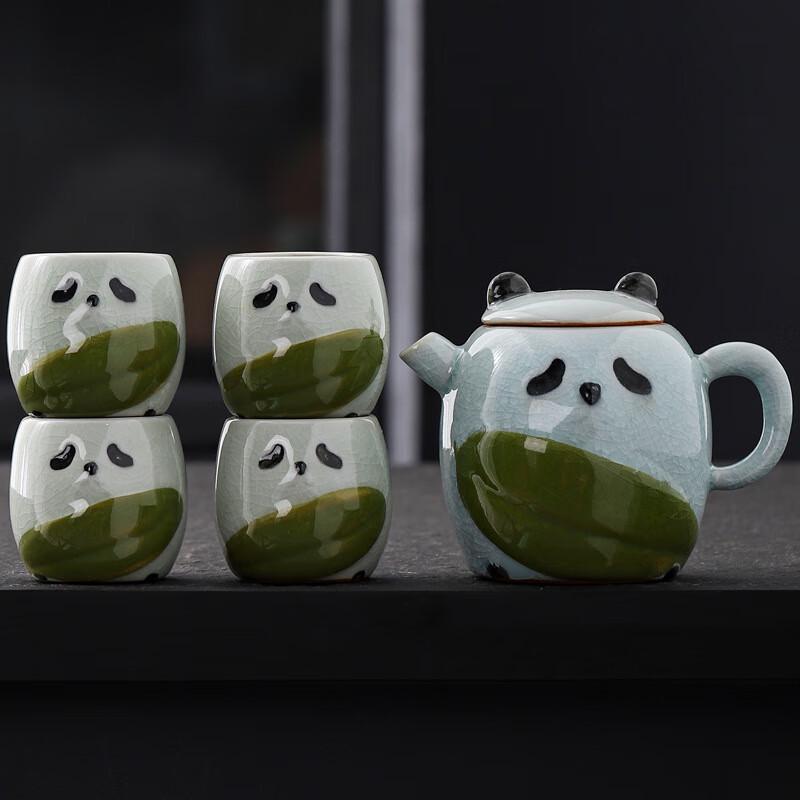 Panda Kung Fu Ge Kiln Pottery Tea Set One Pot Four Cups