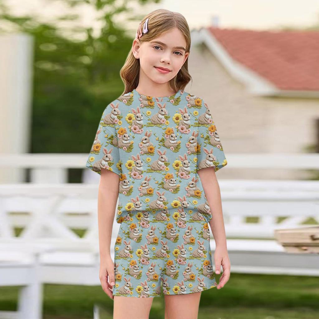 Kid Patriotic Outfit - Short Sleeve & Shorts 2-Piece Set For Girl Easter Day