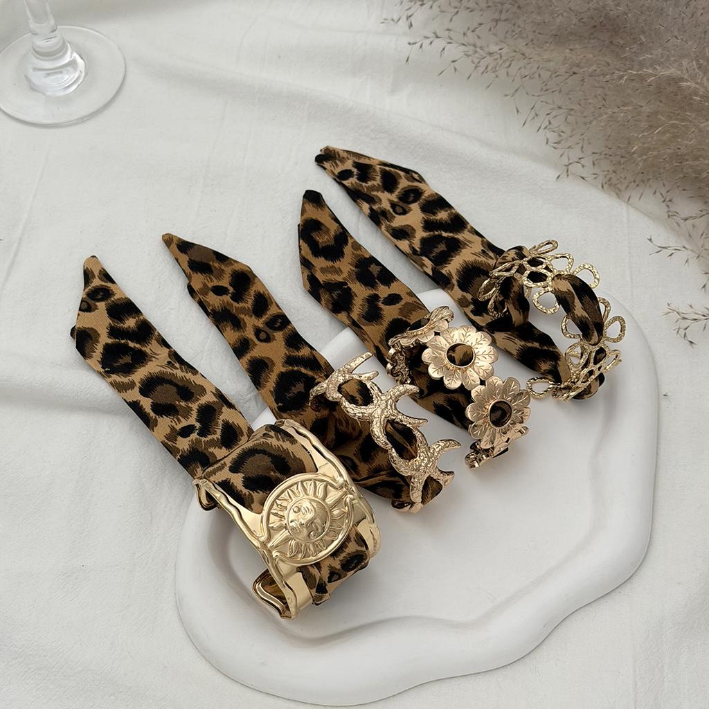 2026 Leopard Print Silk Scarf Cuff Bangles Polka Dot Ribbon-Wrapped Metal Wide Bracelet Retro Adjustable Ethnic Style Wristband