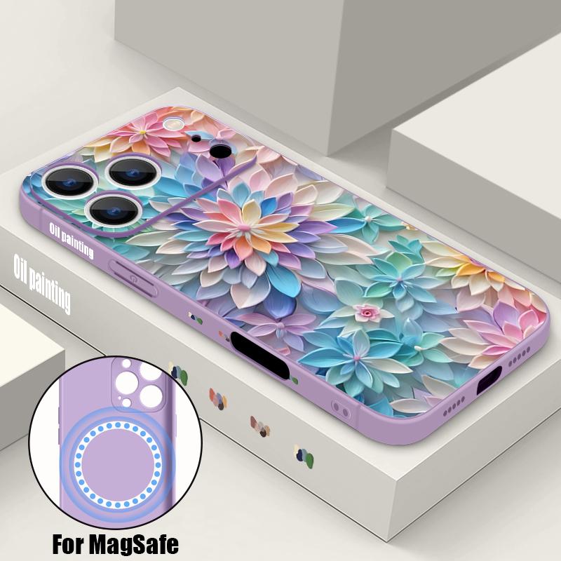 Magnetic For Magsafe Case For iPhone 17 Pro Max Rainbow Flowers Print Soft Silicone Phone Back Cover For iPhone 16 15 14 13 Pro Max 16e 17e