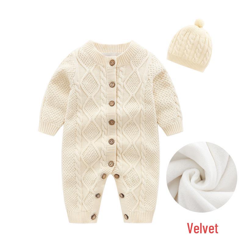 Wool Knitted Baby Onesie with Fleece Lining - Winter Crawling Suit for 100-Day or First Birthday