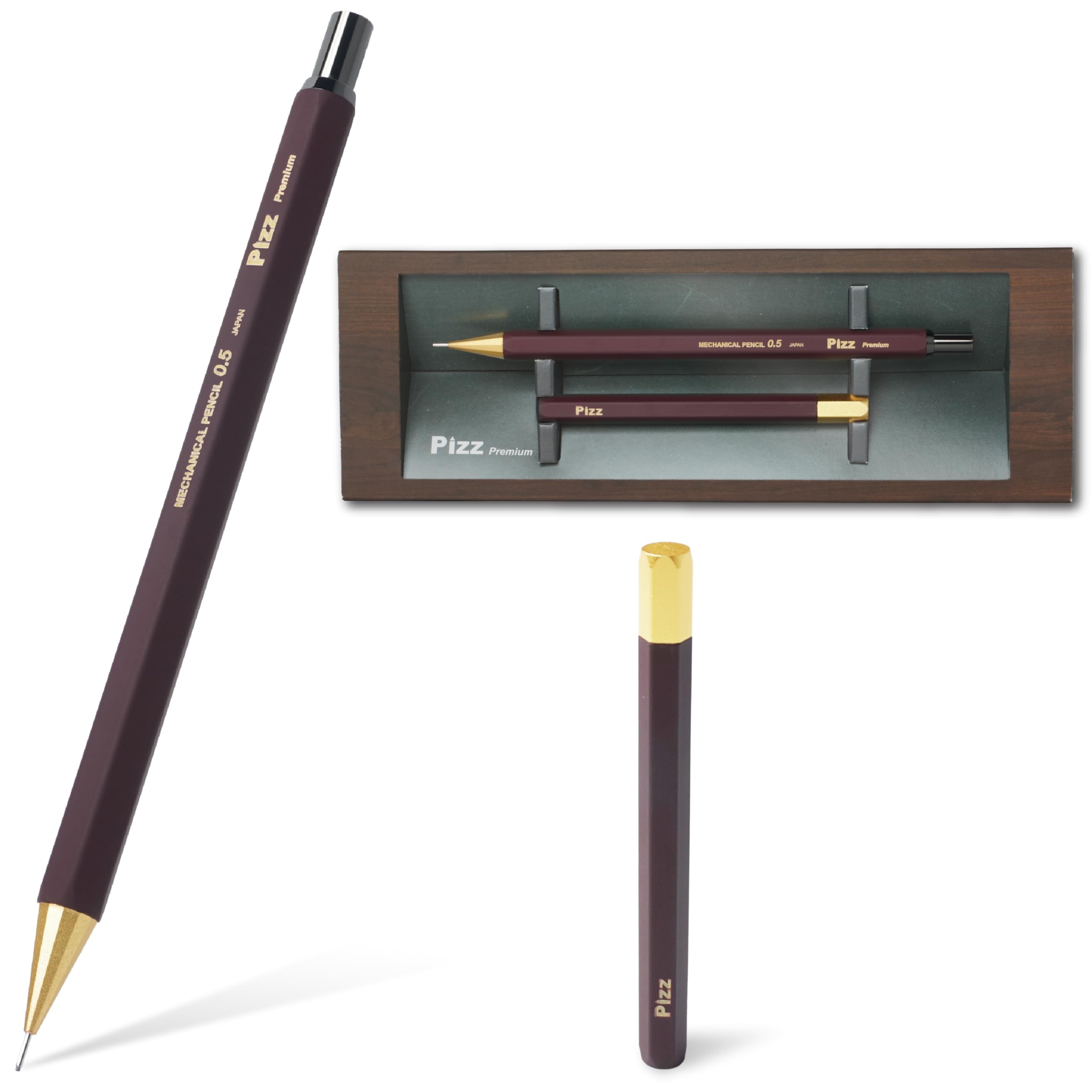 

Механический карандаш Pizz Premium с шестигранным стержнем, презентационный, сделано в Японии, в виде карандаша, латунный корпус, футляр, коробка в стиле классной доски, 0,5 мм (Бордо
