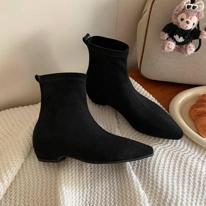Autumn and winter elastic cashmere large size women's boots solid color non-slip beef tendon sole sleeve wedge heel new leather high boots