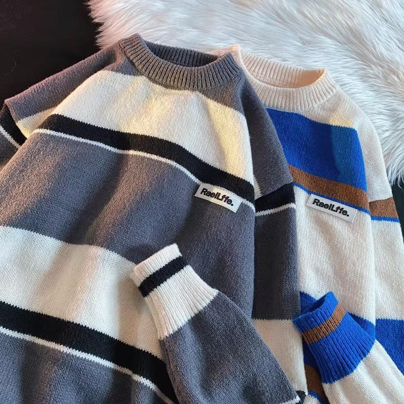 Unisex Oversized Long Sleeve Knit Sweater Casual Loose Fit Striped Design Fall Winter Pullover Youth
