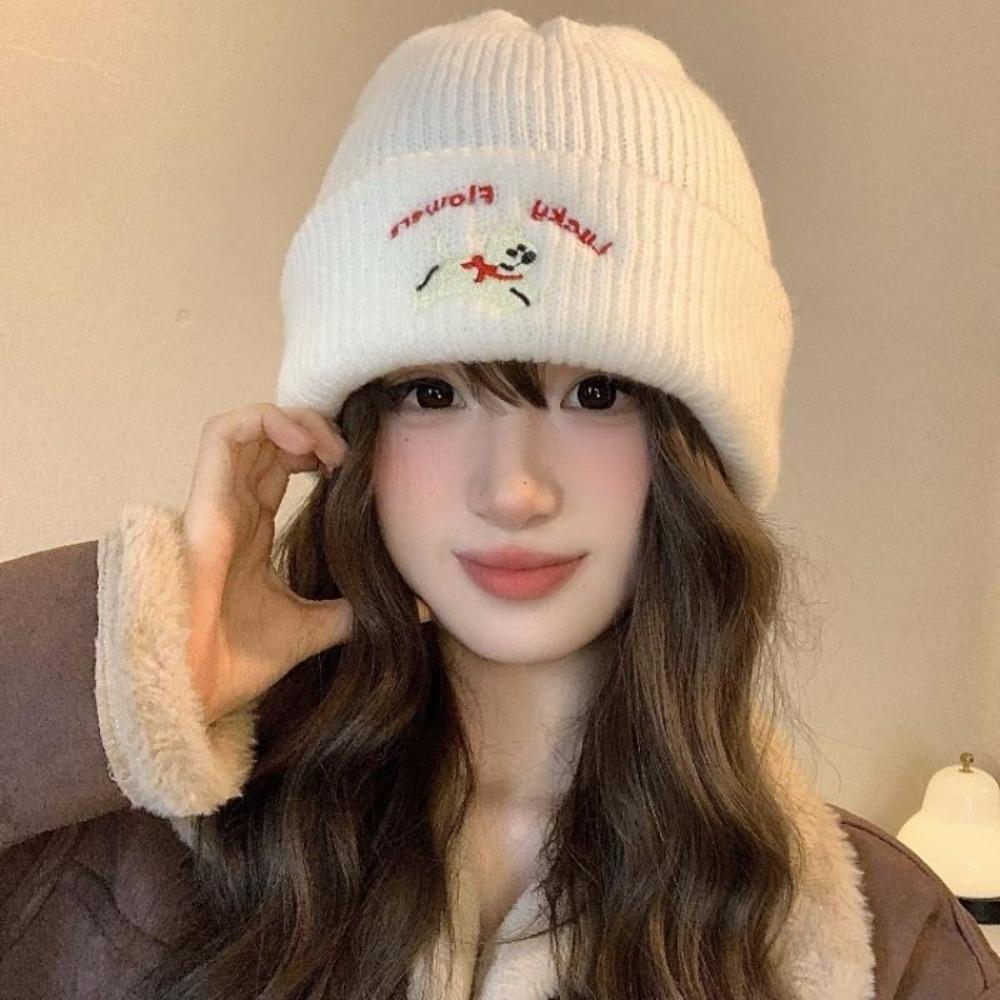 Thicken Winter Knitted Hat Puppy Embroidery Crochet Bonnet Hat Cute Beanie Cap