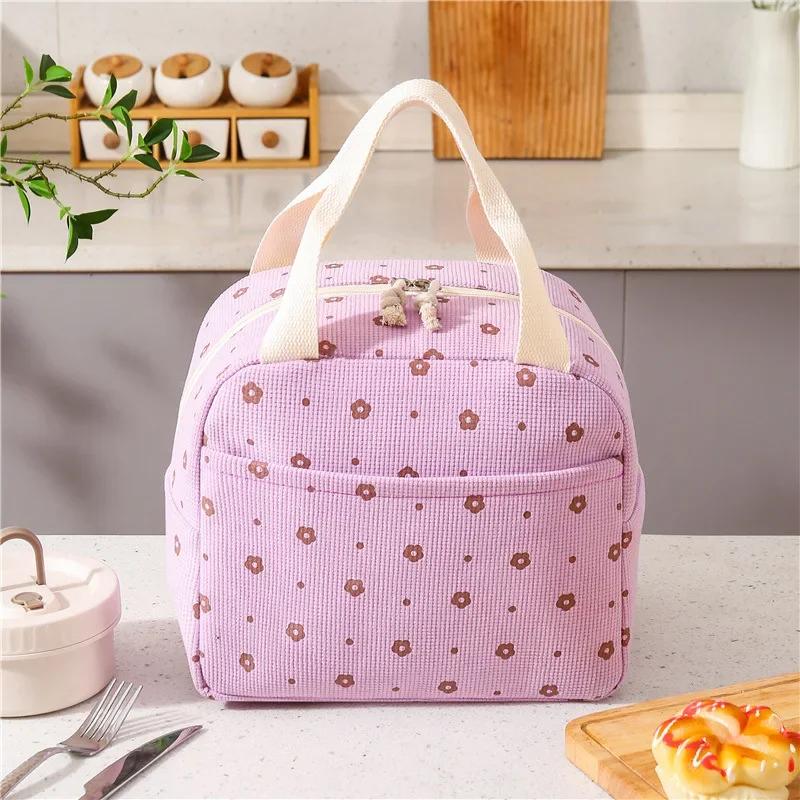 Portable Floral Printed Food Handbags Reusable Large Capacity Insulated Lunch Box Waterproof Office Camping Ins Bag