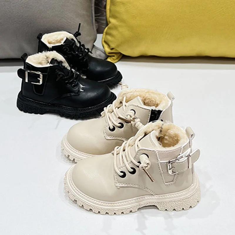 New Children's Fashion Boots Winter Thickened Boys Girls' Anti-Skid Warm Boots Side Zipper Solid Color Kids Casual Shoes I06191
