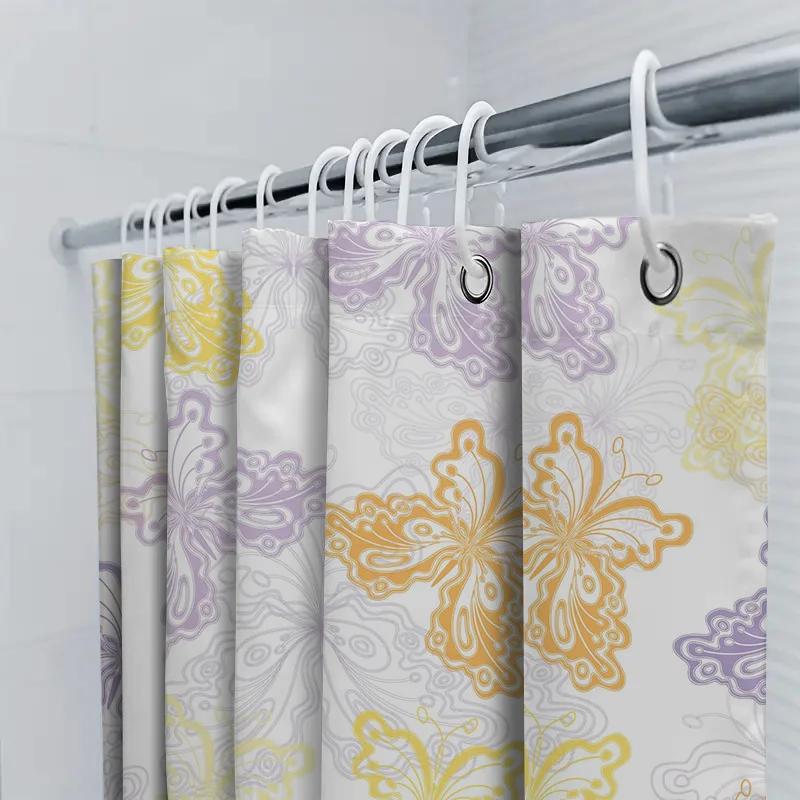 Butterfly Printed Shower Curtain Waterproof Bathroom Decor Customizable Size Yellow Purple Orange Colorful Floral Design Made Fr