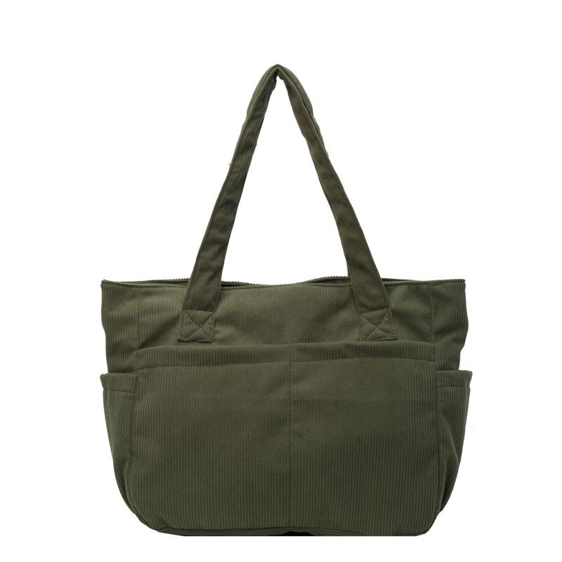 

Solid Color Corduroy Tote Bag with Front Pockets Large Capacity Shoulder Bag for Shopping and Daily Use зелёный