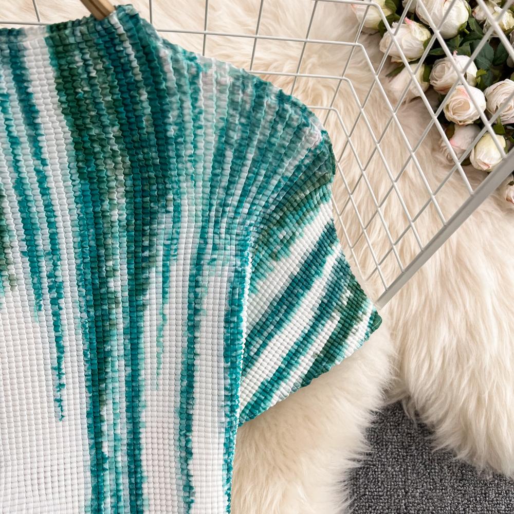 Women's Fashion Suit Gradient Color Slim Short Top Two Piece High Waist Pleated Skirt