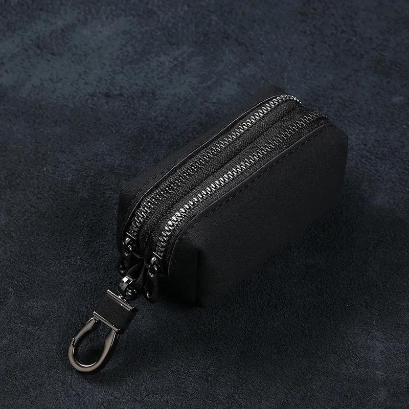 Portable Keychain Wallet for Men Women Large-Capacity Double Zipper Key Pouch Bag Suede Leather Key Case Unisex Coin Purse