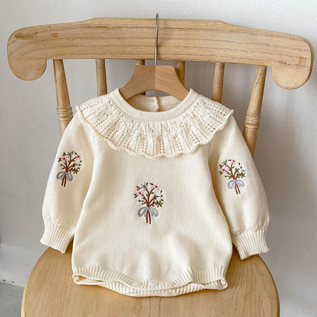 Baby Girl Spring Autumn Long Sleeve Ruffle Neck Knit Romper with Embroidery