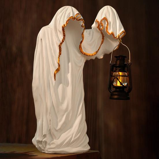 Ghost Wizard Figurine Halloween Ghost Statue with Light-up Lantern Vintage Gothic Ghost Sculpture for Indoor Mantel Cabinet Decoration