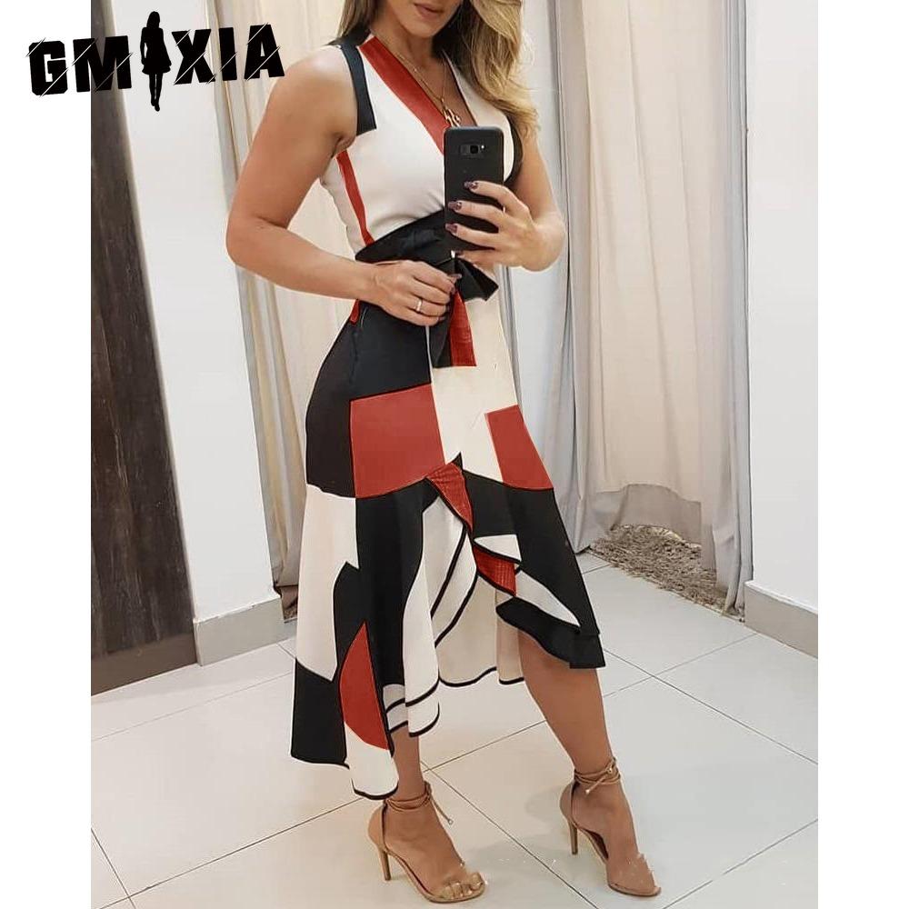 GMXIA New Fashion Women Sleeveless V-Neck Colorful Print Tank Dress