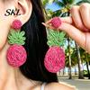 Three-dimensional Pineapple Earrings 1 Pair Handmade Raffia for Women, Boho Straw Hand-Woven Summer Beach Skirt Jewelry Dangle Earrings, Natural