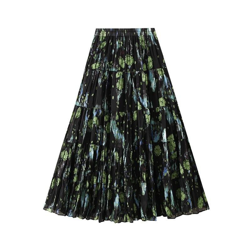 Qooth Elegant Women A Line Pleated Flower Skirt Midi Length Elastic Waist Casual Skirt QT2753