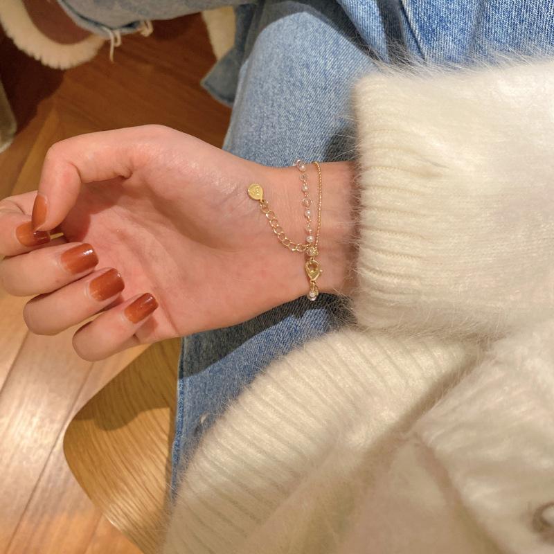 Super Flash Zircon Pearl Double-layer Flower Bracelet Raw Light Luxury Niche Jewelry