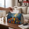 2D Flat 1pc, Tissue Box. Cat and Town Pattern Napkin Dispenser Box, Reusable, Daily Desktop Tissue Storage Box, Suitable for Kitchen, Living Room, Bed