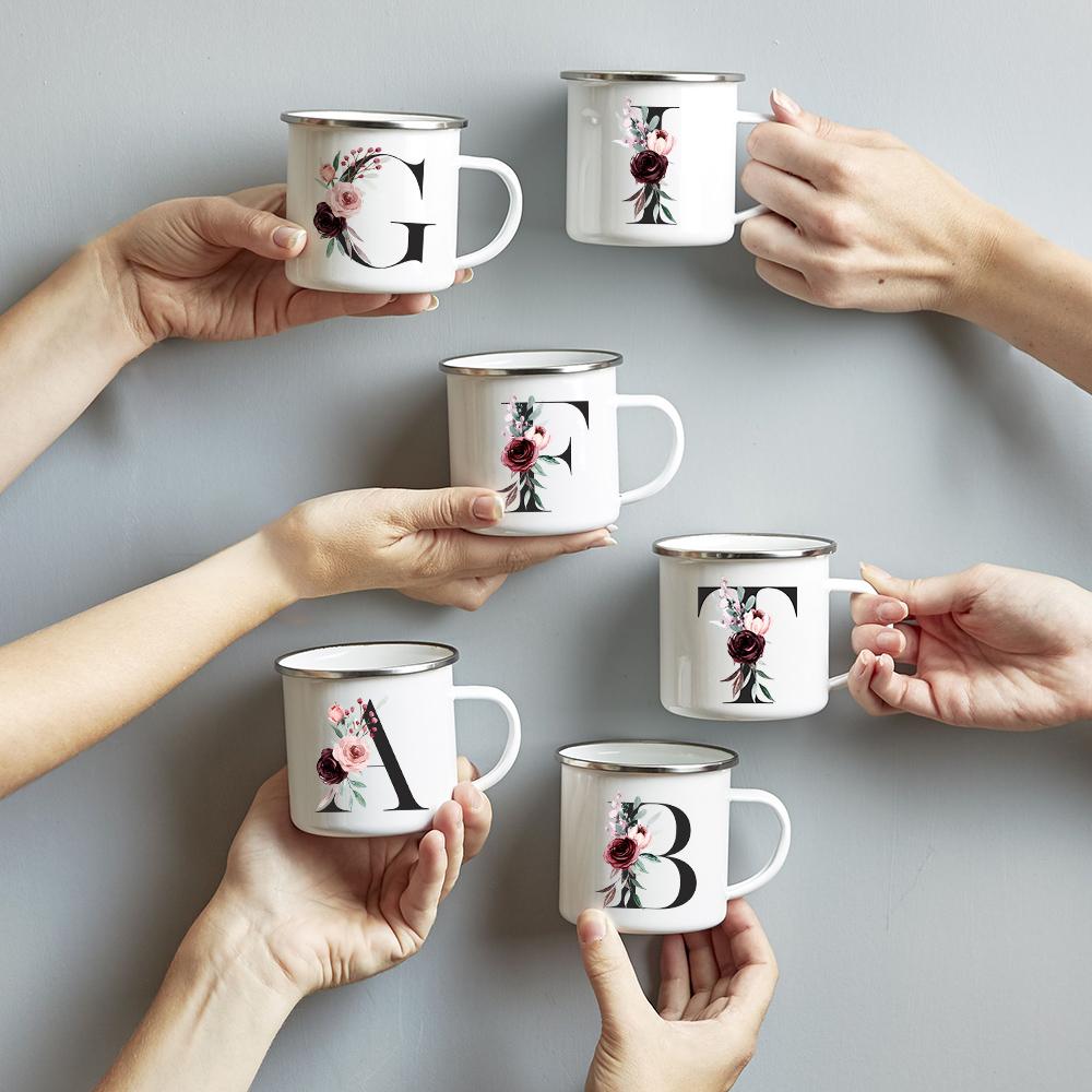 Alphabet Blumen A-Z Vintage Emaille Kaffee Tee Tassen Urlaub Camping Getränke Saft Bier Tassen Zuhause Büro Milch Tasse Geburtstagsgeschenke