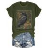 Retro Flower and Crow Pattern Printing + Short Sleeves + Round Neck T-shirt + Spring and Summer Women's Clothing