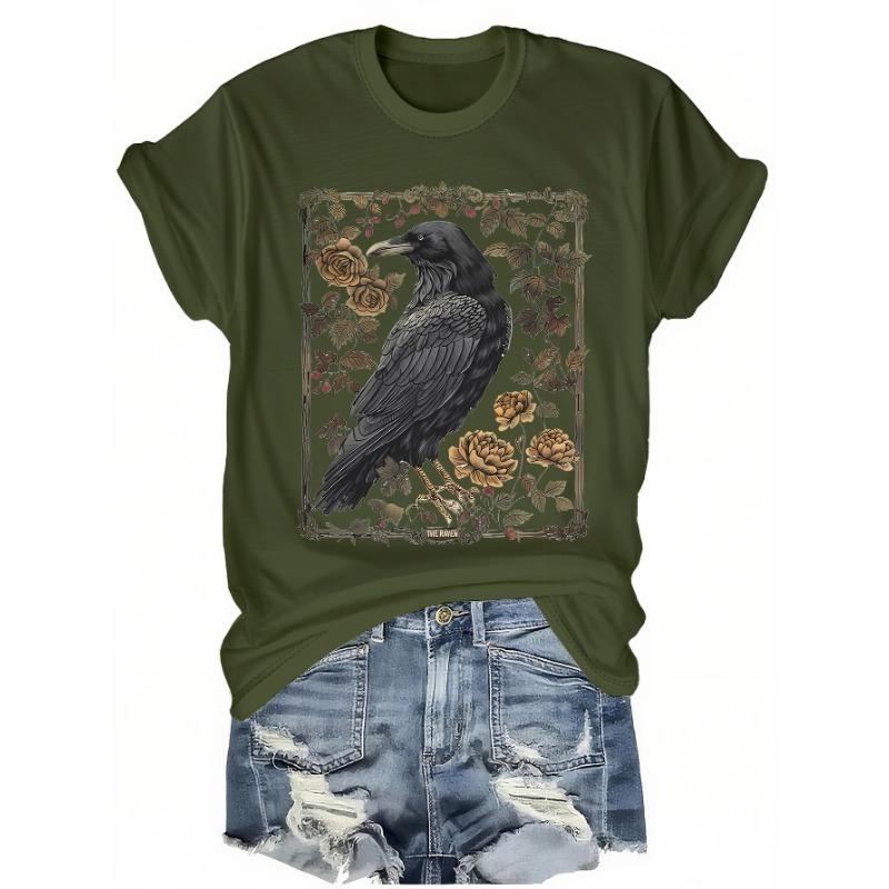 Retro Flower and Crow Pattern Printing + Short Sleeves + Round Neck T-shirt + Spring and Summer Women's Clothing