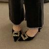 Fashion Slip-on Slim Heel Single Shoes Women's Fashion Pointed Toe Shallow Slip Rhinestone Square Buckle Hollow Heels
