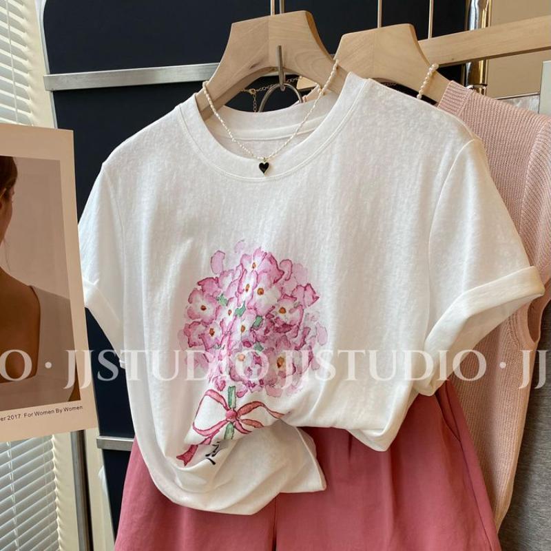 

Women s Floral Print Short Sleeve T-Shirt, Casual Crew Neck Cotton Tee with Pink Bouquet Design, Summer Fashion Top S білий