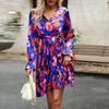 Damen Herbst Winter V-Ausschnitt Laternenärmel Schnürung All Match Floral Elegant Bedruckte Kleider