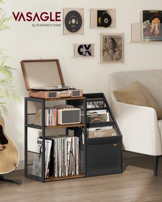 Plattenspieler-Ständer, 3-stufiger Beistelltisch, Vinyl-Schallplatten-Aufbewahrung für bis zu 140 Alben, Nachttisch für Wohnzimmer, Schlafzimmer, Rustikales Braun
