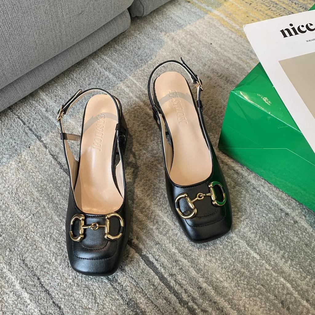 2024 Damenschuhe Metallverzierung Damen High Heels Mode Schnalle Büro Professionell Quadratische Spitze Dicke Ferse Sandalen Zapatos