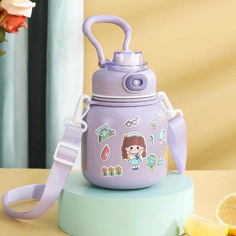 Thermosbecher für Kinder aus 316 Edelstahl, gut aussehende Studentin mit tragbarem Griff und Strohhalm, süße Tasse mit großem Bauch