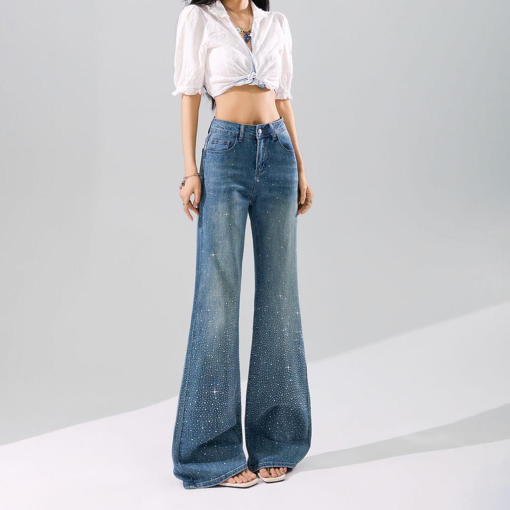 Spring Summer Trendy Bling Full Star Rhinestone Soft Comfort Relax Micro Flare Wide Leg Denim Pants For Women Casual Pants Oversize Denim Trousers