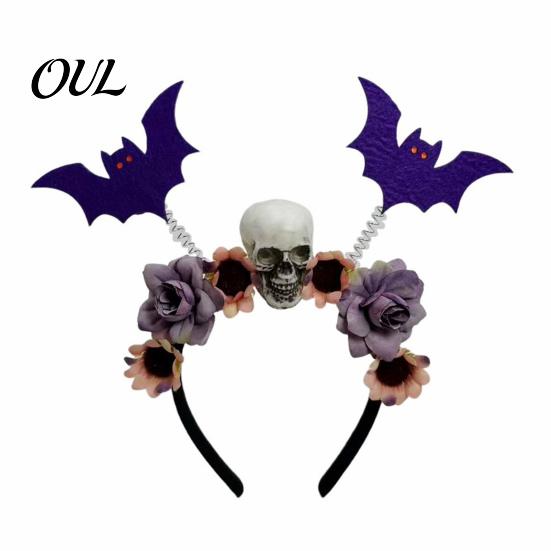 Festive Hair Decorations for Costumes Halloween Flower Skeleton Bat Headband, Gothic Floral Skull Bands, Spooky Fashionable Clips Accessory,