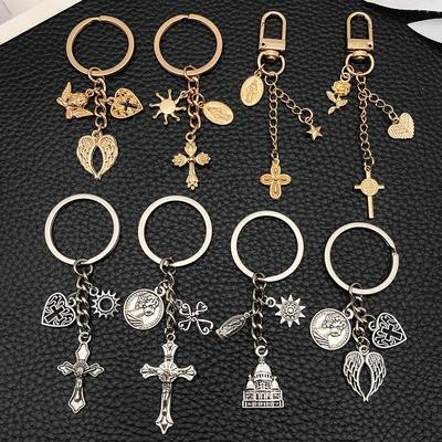 Antiker Silber/KC Gold Herz Flügel Kreuz Schlüsselanhänger Anhänger
