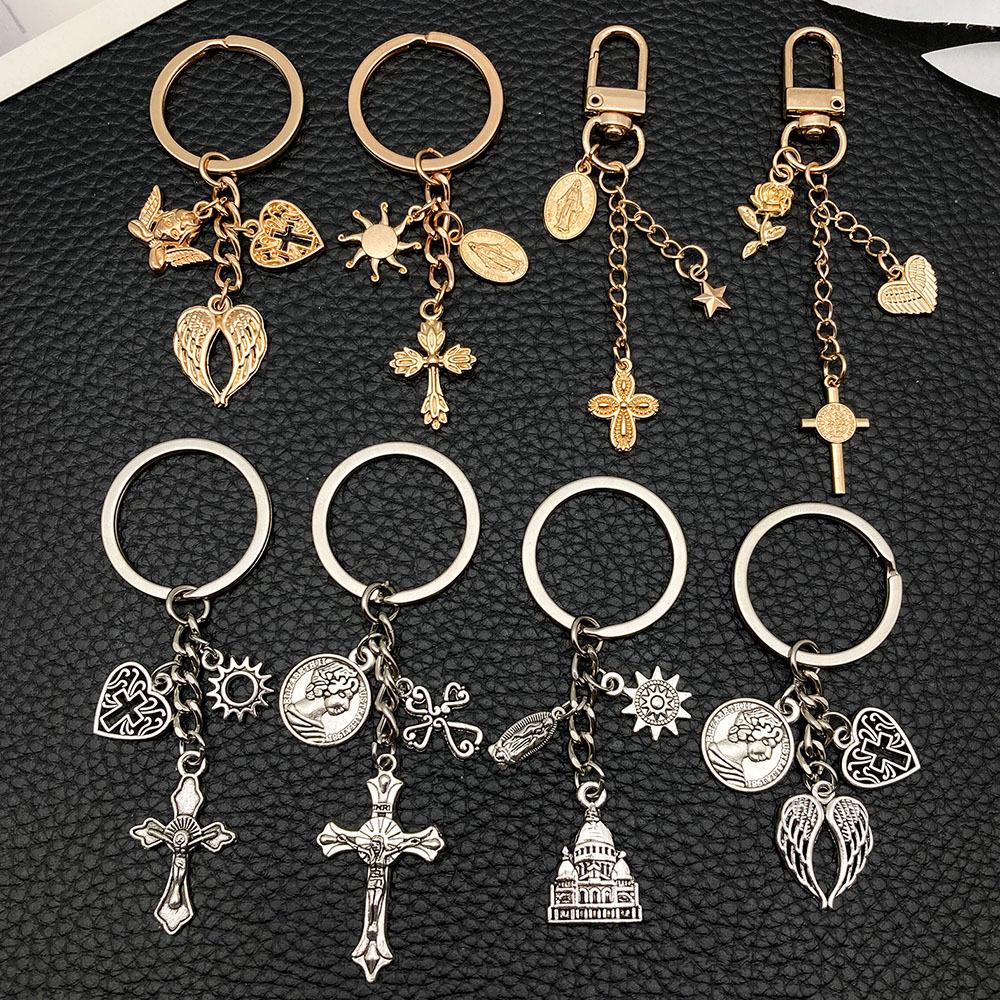 Antique Silver/KC Gold Heart Wings Cross Keychain Pendant