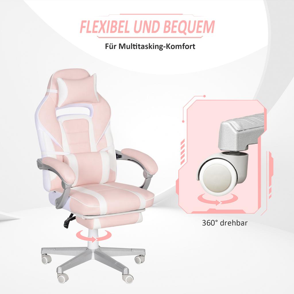 Gaming Chair with Footrest, Head & Lumbar Cushions, Swivel, Height-Adjustable, Pink