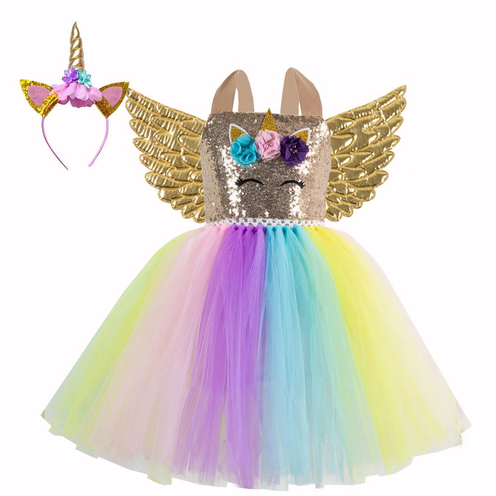Regenbogen Pailletten Einhorn Kleid mit Flügeln & Kopfschmuck - Europäischer & Amerikanischer Stil 2026 für Mädchen