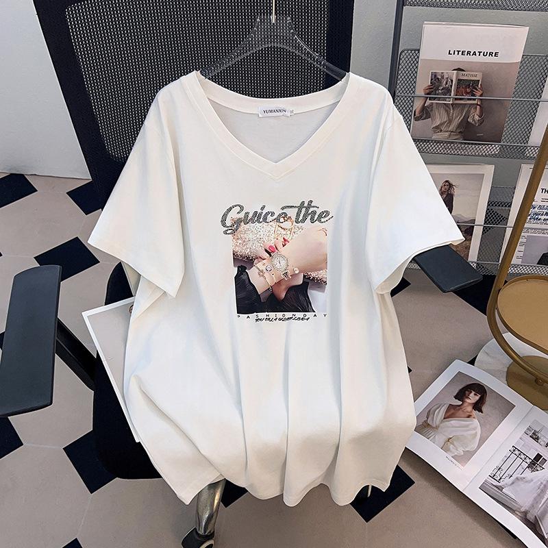 Women's Plus Size V-Neck Short-Sleeve Loose T-Shirt (Mid-Length, 200-350 Jin)