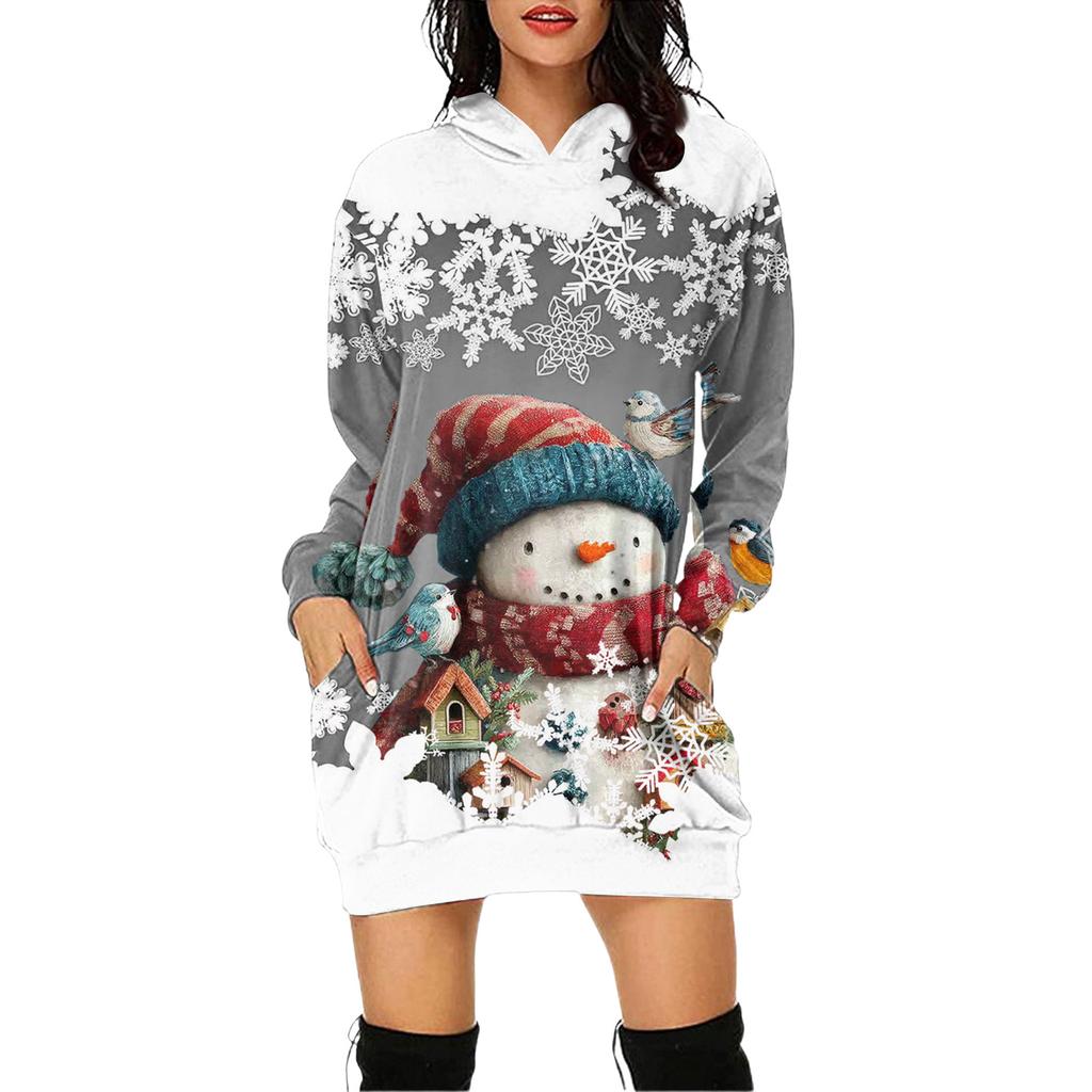 Rochie Pulover cu Glugă și Mâneci Lungi cu Buzunar și Imprimeu de Crăciun pentru Femei
