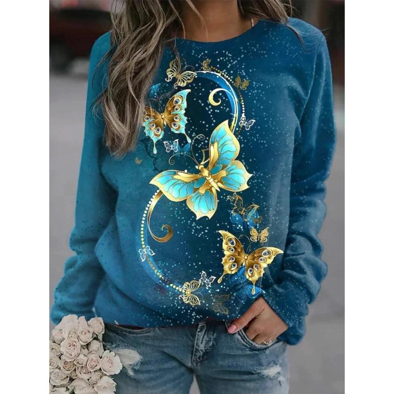 

Fashionable Retro 3D Butterfly Print Women s Casual Round Neck Long Sleeved T-shirt 5XL