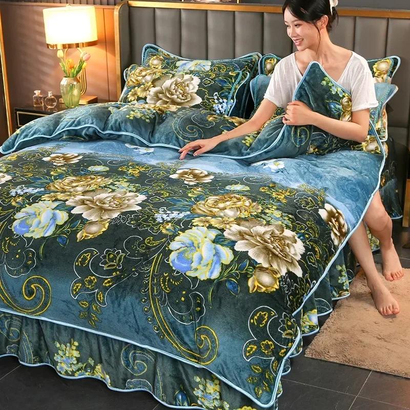 

4 шт. Двусторонние фланелевые пододеяльники Молочный плюш Юбка для кровати Наволочка Утолщенный комплект из четырех предметов Постельная принадлежность Комплект из трех предметов Зима 2.2m 4 cps 2.2x2.4