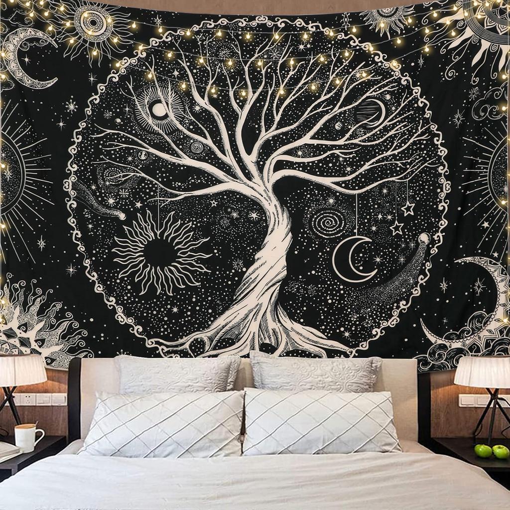 Tree of Life Tapestry Sun and Moon Galaxy Stars Wall Hanging Bohemian Mandala Bedroom Decor