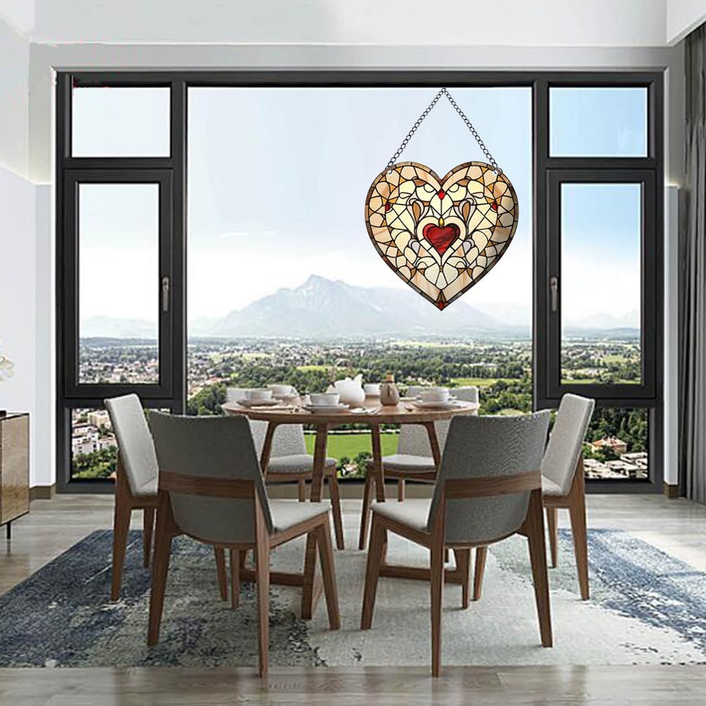 Heart-Shaped Stained Acrylic Window Hanging,Red Heart Acrylic Window Decor Stained Panel Hangings Wall Art Decor for Valentine's Day Birthday Home